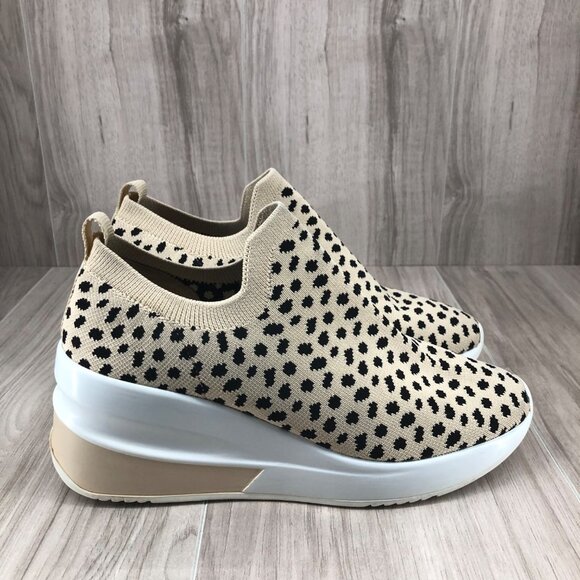 Gianni Bini Shoes - Gianni Bini Beige and Black Leopard Knit Slip-On Wedge Sneakers